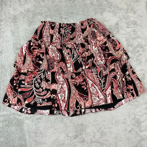 Anthropologie Size S Womens Black Pull On Paisley Print Myla Tiered Mini Skirt - Picture 2 of 8